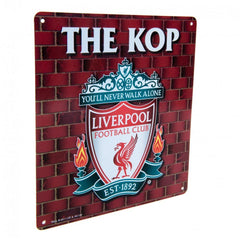 Liverpool FC The Kop Sign LKT Sport Iconic design stamped metal wall sign Featuring a large Liverpool crest and The Kop text Ready to hang on the wall with four small holes for fixing Official licensed product Approx 23cm x 25cm On a header card Novelty S