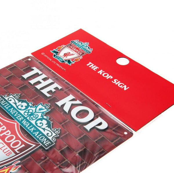 Liverpool FC The Kop Sign LKT Sport Iconic design stamped metal wall sign Featuring a large Liverpool crest and The Kop text Ready to hang on the wall with four small holes for fixing Official licensed product Approx 23cm x 25cm On a header card Novelty S