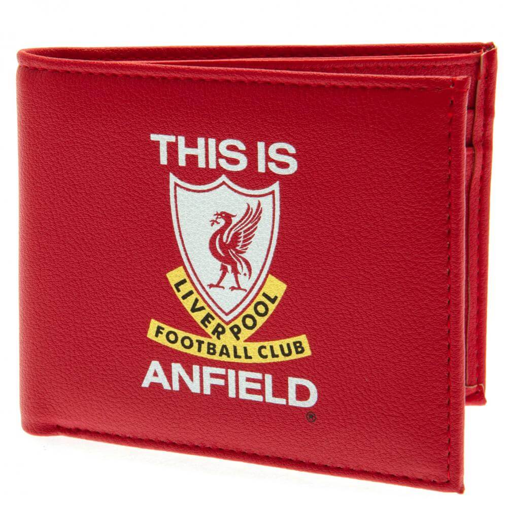 Liverpool FC This Is Anfield Wallet LKT Sport Red PU wallet featuring a large printed retro club crest3 card slots, a window slot and 2 note pocketsChange pocket with secure stud fastener2 additional compartmentsOfficial licensed productApprox 11cm x 9cm