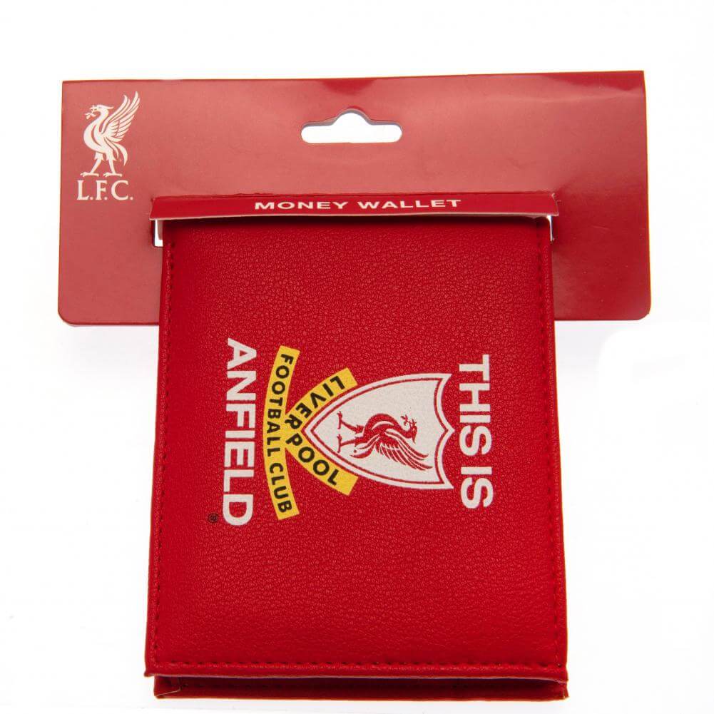 Liverpool FC This Is Anfield Wallet LKT Sport Red PU wallet featuring a large printed retro club crest3 card slots, a window slot and 2 note pocketsChange pocket with secure stud fastener2 additional compartmentsOfficial licensed productApprox 11cm x 9cm