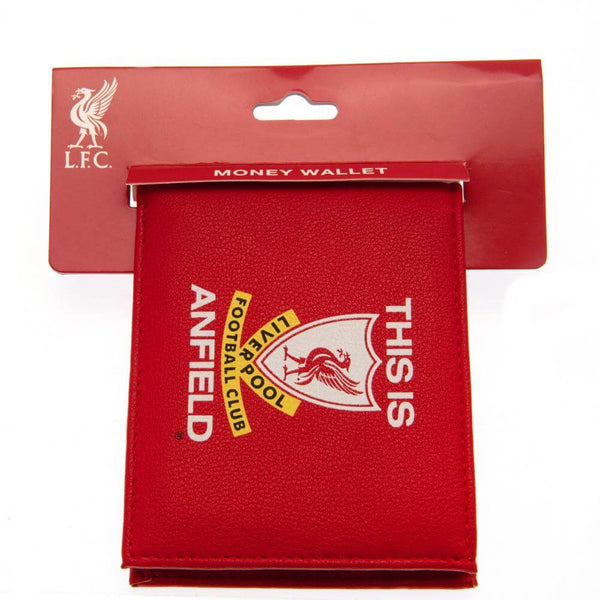 Liverpool FC This Is Anfield Wallet LKT Sport Red PU wallet featuring a large printed retro club crest3 card slots, a window slot and 2 note pocketsChange pocket with secure stud fastener2 additional compartmentsOfficial licensed productApprox 11cm x 9cm