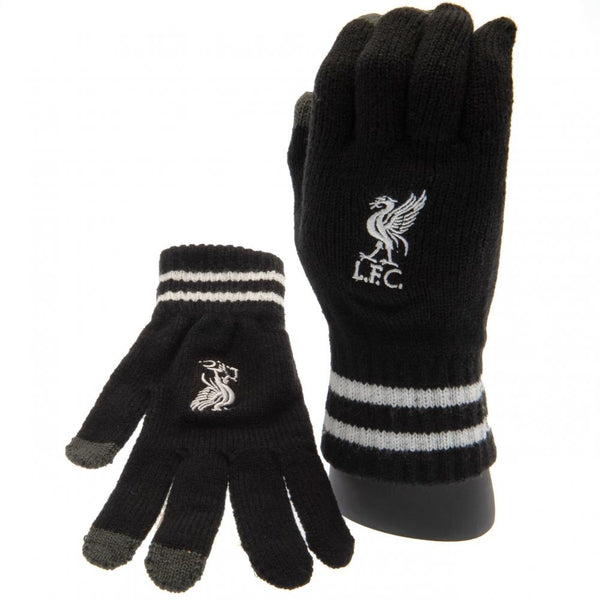 Liverpool FC Touchscreen Knitted Gloves Youths BK LKT Sport Youths black knitted gloves with white stripe detailsTouchscreen abilityEmbroidered crestOfficial licensed productYouths one size fits all Gloves & Mittens