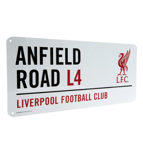 Liverpool FC White Street Sign LKT Sport Gloss finish design stamped metal wall sign Anfield L4 road sign, the home of Liverpool FC on a white background Ready to hang on the wall with four small holes for fixing Official licensed product Approx 40cm x 18