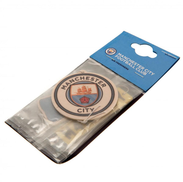 Manchester City FC 3pk Air Freshener LKT Sport Multipack of vibrant colour long lasting air fresheners Featuring City crest, classic home kit and number plate designs Each air freshener has an elasticated loop and is individually wrapped Official licensed