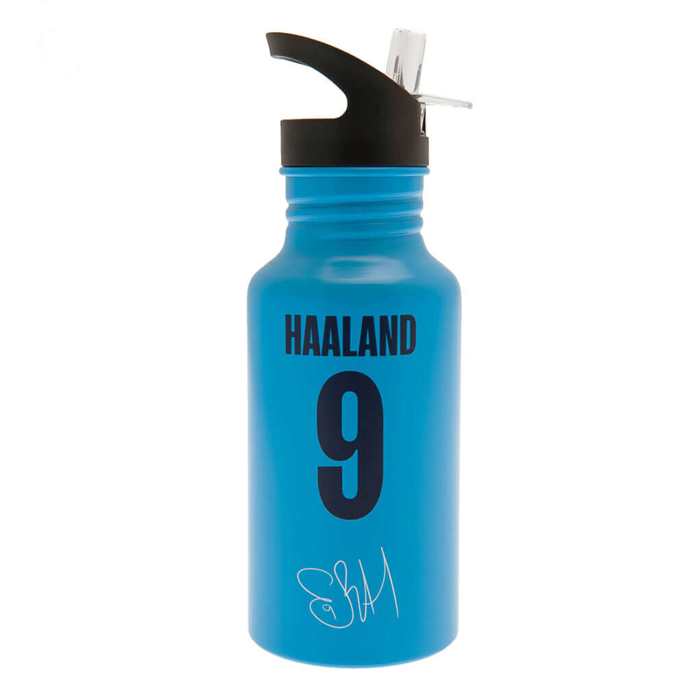 Manchester City FC Aluminium Drinks Bottle Haaland LKT Sport High quality lightweight aluminium drinks bottleMatt blue finish bottle with the City club crest in whiteFeaturing Erling Haaland signature, name and squad numberScrew top lid with a closable cl