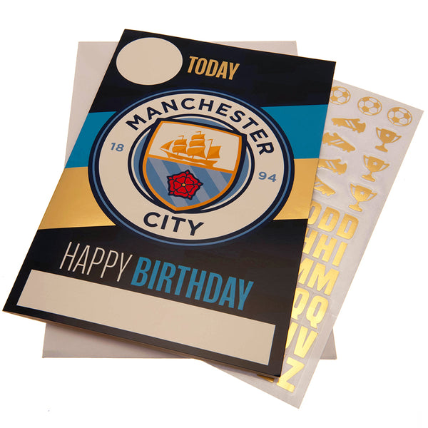 Manchester City FC Birthday Card With Stickers LKT Sport Vibrant blue gloss finish birthday cardFeaturing a space on the front to personalise with name and ageIncludes gold stickers to compliment the design of the cardMessage inside reads 'Hope you have a