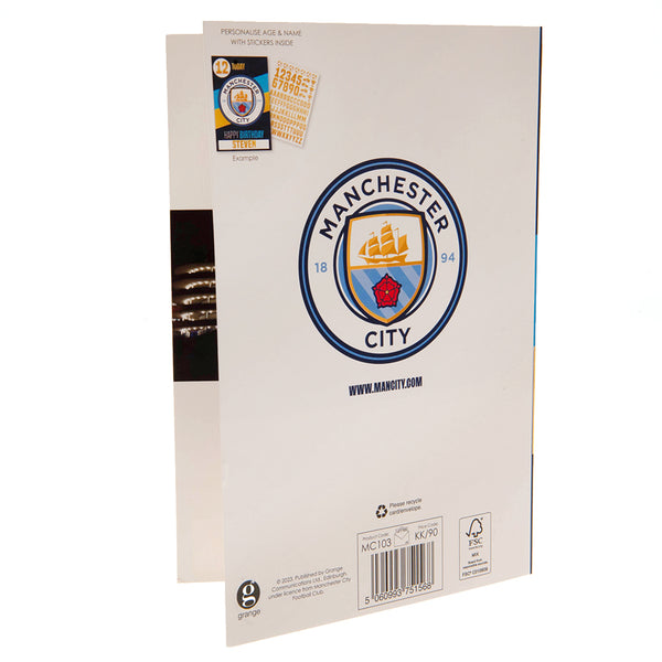Manchester City FC Birthday Card With Stickers LKT Sport Vibrant blue gloss finish birthday cardFeaturing a space on the front to personalise with name and ageIncludes gold stickers to compliment the design of the cardMessage inside reads 'Hope you have a