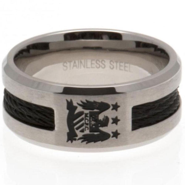 Manchester City FC Black Inlay Ring Large EC LKT Sport Stainless steel ring featuring a black rope insertBrushed satin finish and engraved with a retro Man City crestOfficial licensed productInternal diameter approx 21mmRing size X Rings