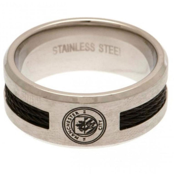 Manchester City FC Black Inlay Ring Medium LKT Sport Stainless steel ring featuring a black rope insertBrushed satin finish and engraved with the City crestOfficial licensed productInternal diameter approx 20mmRing size U Rings