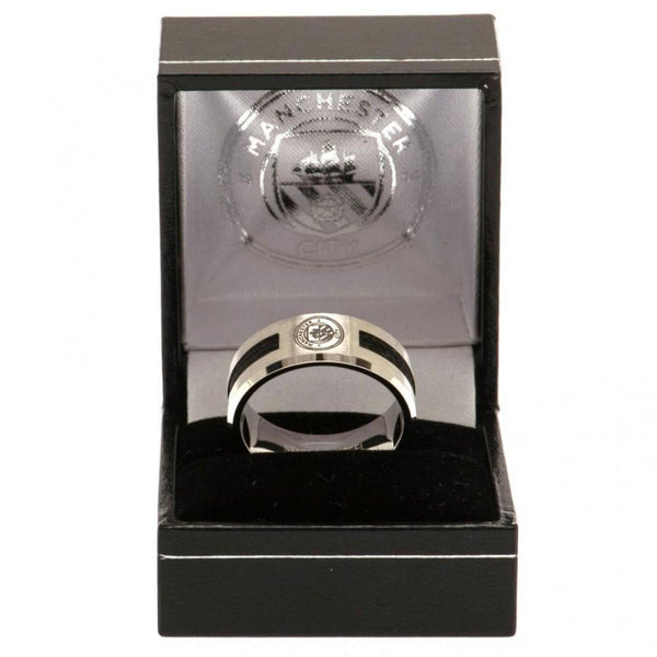 Manchester City FC Black Inlay Ring Small LKT Sport Stainless steel ring featuring a black rope insert Brushed satin finish and engraved with the City crest Official licensed product Internal diameter approx 19mm Ring size R Presented in a gift box Rings