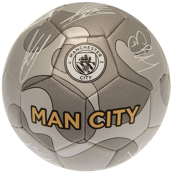 Manchester City FC Camo Sig Football LKT Sport High spec metallic finish 32 panel synthetic footballStriking silver colour featuring the City crest and official player signature prints in whiteSuitable for 14 yrs and olderOfficial licensed productSize 5 f
