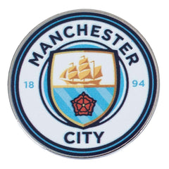 Manchester City FC Club Crest Pin Badge LKT Sport Metal crest shaped pin badgeHigh gloss enamel designWith rubber butterfly clasp fixingMetal alloy with silver style finishOfficial licensed productApprox 30mm x 30mm Pins