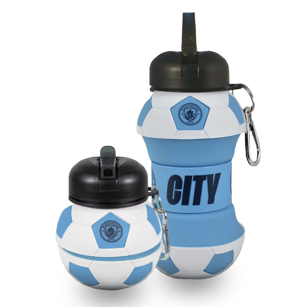 Manchester City FC Collapsible Football Drinks Bottle LKT Sport Collapsible football shaped drinks bottleFeaturing a navy City crest and textScrew top lid with a handy carabiner clipOfficial licensed productApprox 550ml (oz)Approx 17cm tall when extended,