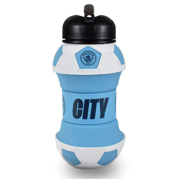 Manchester City FC Collapsible Football Drinks Bottle LKT Sport Collapsible football shaped drinks bottleFeaturing a navy City crest and textScrew top lid with a handy carabiner clipOfficial licensed productApprox 550ml (oz)Approx 17cm tall when extended,