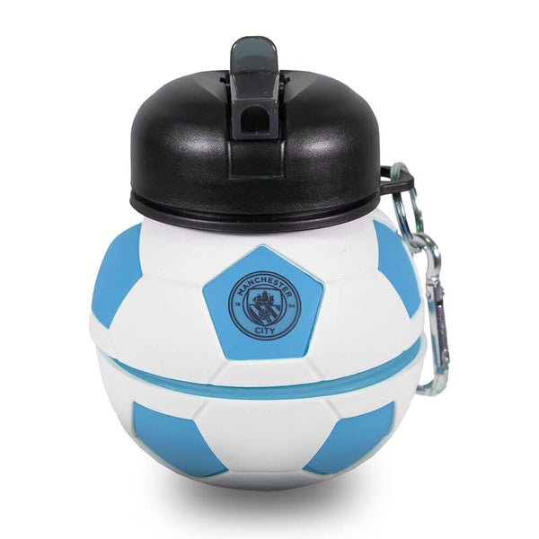 Manchester City FC Collapsible Football Drinks Bottle LKT Sport Collapsible football shaped drinks bottleFeaturing a navy City crest and textScrew top lid with a handy carabiner clipOfficial licensed productApprox 550ml (oz)Approx 17cm tall when extended,