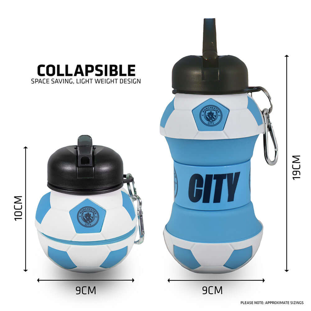 Manchester City FC Collapsible Football Drinks Bottle LKT Sport Collapsible football shaped drinks bottleFeaturing a navy City crest and textScrew top lid with a handy carabiner clipOfficial licensed productApprox 550ml (oz)Approx 17cm tall when extended,