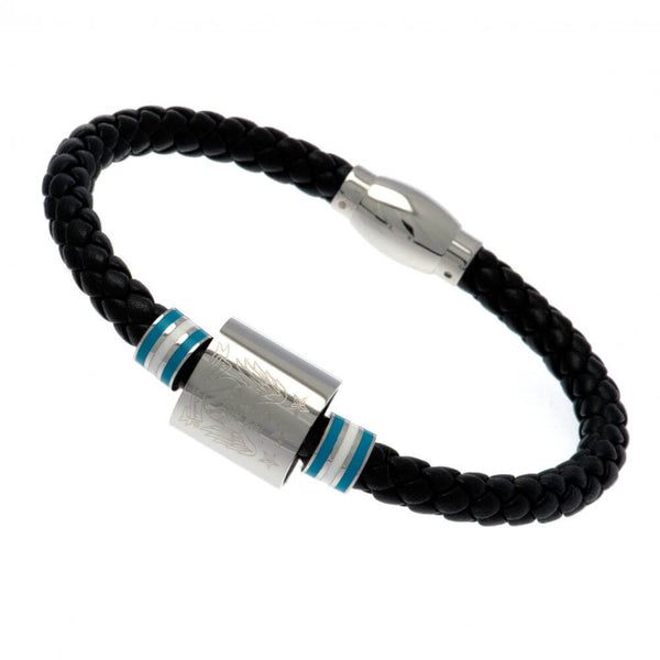 Manchester City FC Colour Ring Leather Bracelet LKT Sport Rope design bracelet made from genuine leatherBlack bracelet featuring stainless steel colour rings and an engraved club crestWith a stainless steel magnetic claspOfficial licensed productApprox 20