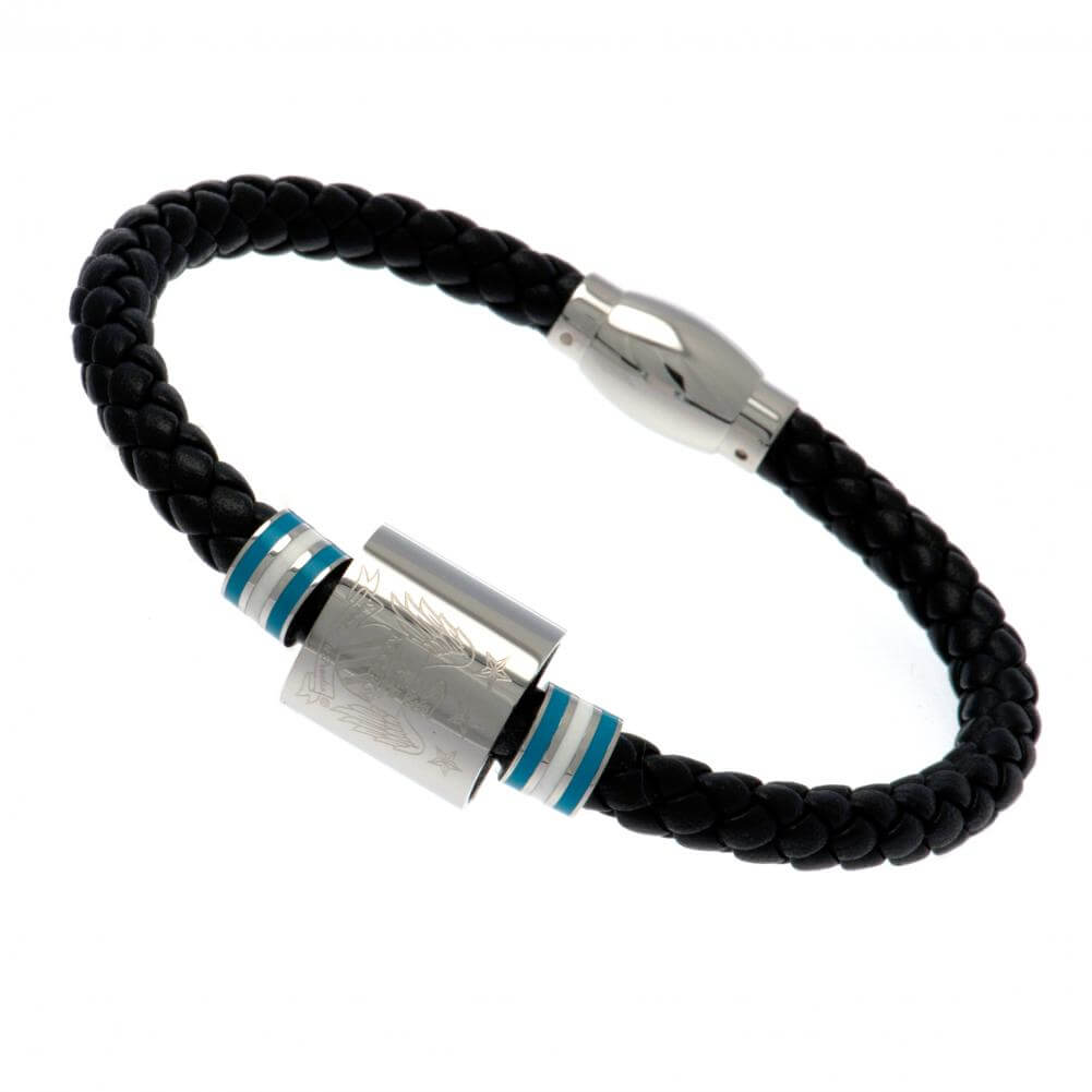 Manchester City FC Colour Ring Leather Bracelet LKT Sport Rope design bracelet made from genuine leatherBlack bracelet featuring stainless steel colour rings and an engraved club crestWith a stainless steel magnetic claspOfficial licensed productApprox 20