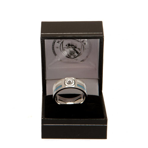 Manchester City FC Colour Stripe Ring Large LKT Sport Stainless steel ring featuring sky blue and white colour inserts Chrome finish and engraved with the City crest Official licensed product Internal diameter approx 21mm Ring size X Presented in a gift b