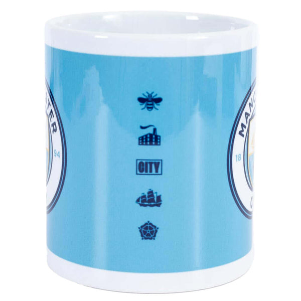 Manchester City FC Crest Mug LKT Sport Ceramic everyday coffee mugSky blue mug featuring several crest designs in various sizes around the mugGlazed kiln fired finish with white handleOfficial licensed productApprox 315ml (11oz)Approx 9cm tall, 8cm in dia