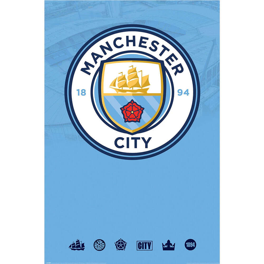 Manchester City FC Crest Poster 162 LKT Sport Rolled maxi posterFeatures a full colour club crest on a sky blue backgroundHigh resolution artworkPrinted on 150gsm gloss paperOfficial licensed productApprox 61cm x 91cm Posters