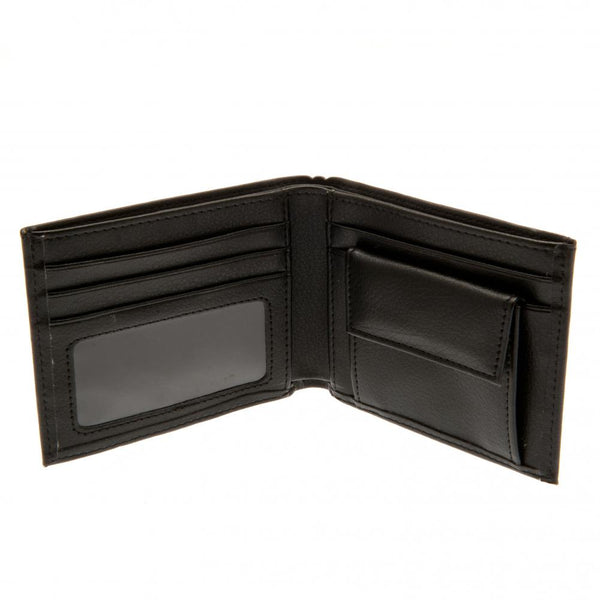 Manchester City FC Embroidered Wallet LKT Sport Black PU wallet featuring a large embroidered club crest 3 card slots, a window slot and 2 note pockets Change pocket with secure stud fastener 2 additional compartments Official licensed product Approx 11cm