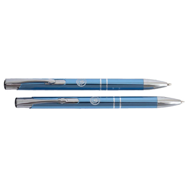 Manchester City FC Executive Pen & Pencil Set LKT Sport Blue pen and pencil gift set featuring a silver City crestExecutive pen has black inkBoth the pen and pencil are contained within a clear Perspex display casePerfect executive gift for a City fanOffi
