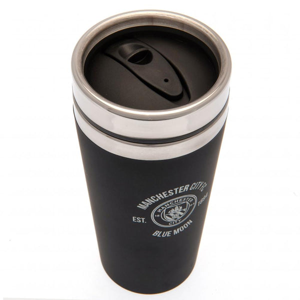 Manchester City FC Executive Travel Mug LKT Sport Stainless steel double-walled thermal travel mug Maintains the temperature of your drink for longer Executive design finished with a matt black soft feel Silver rim screw top lid with slide close drinking