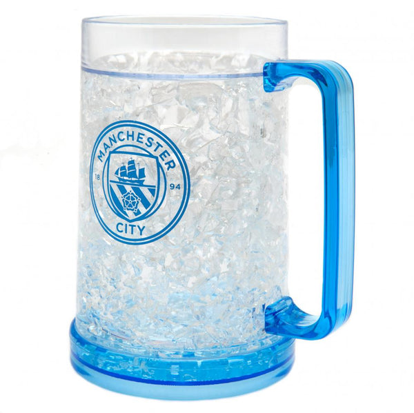 Manchester City FC Freezer Mug LKT Sport Frosted effect double walled gel filled freezer mug Featuring blue base, handle and Man City club crest Official licensed product Approx 420ml (14oz) Approx 15cm tall, 9cm in diameter With a swing tag Mugs