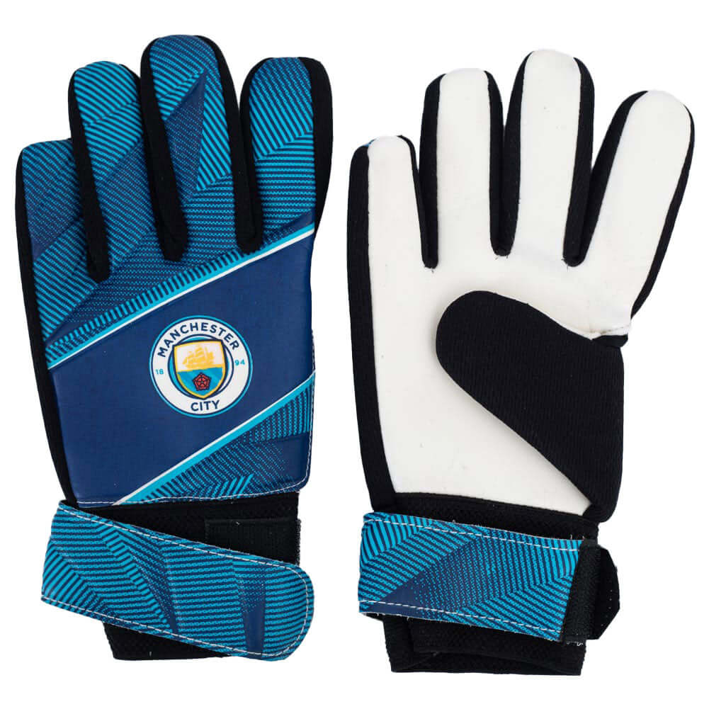 Manchester City FC Fuse Goalkeeper Gloves Kids LKT Sport Fuse design goalkeeper gloves featuring a full colour City crestWith a latex foam palm and lightweight foam backingElastic strap for secure fitOfficial licensed productSize kidsTo fit approx 67-73mm