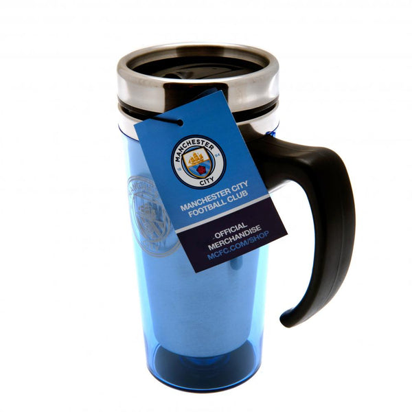 Manchester City FC Handled Travel Mug LKT Sport Stainless steel double-walled thermal travel mug Maintains the temperature of your drink for longer Sky Blue translucent finish with a printed Man City crest Screw top lid with slide closing drinking hole Fe
