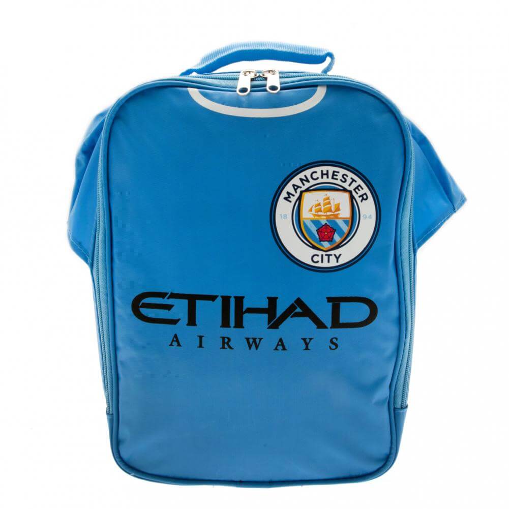 Manchester City FC Kit Lunch Bag LKT Sport Home shirt design lunch bag featuring Etihad Airways text and club crestDouble zipped opening for easy accessWith carry handle and name tagWipe clean polyesterOfficial licensed productApprox 29cm x 24cm x 7cm Lun