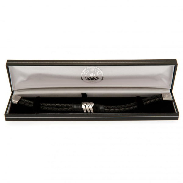 Manchester City FC Leather Bracelet LKT Sport Twin rope design bracelet made from genuine leather Black bracelet featuring with steel detail Stainless steel magnetic clasp with an engraved club crest Official licensed product Approx 20cm x 1cm Presented i