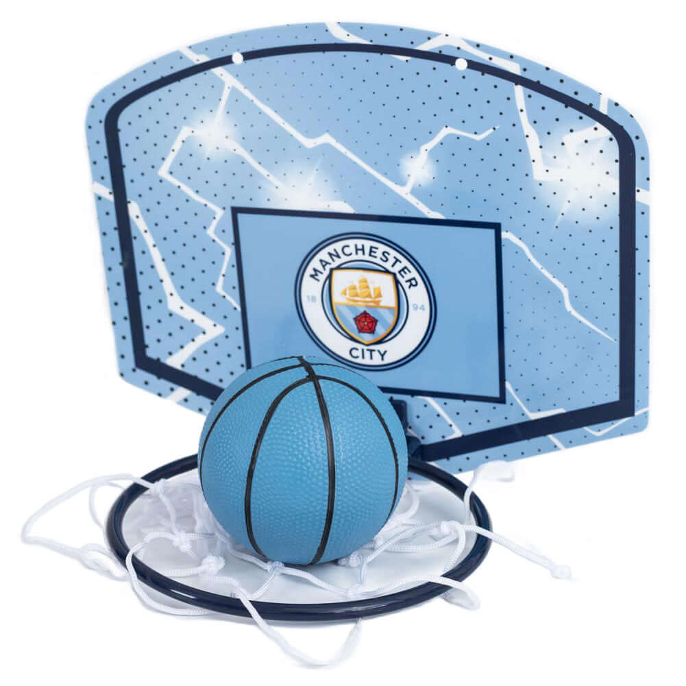 Manchester City FC Mini Basketball Set LKT Sport Mini Basketball set with a branded Man City FC backboardSet includes a mini Basketball, Basketball backboard, Hoop, Net and double sided padsEasy to assemble, which requires adult supervisionSuitable for ch