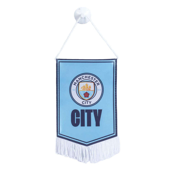 Manchester City FC Mini Pennant LKT Sport Satin look crest design pennantFeaturing a full colour Man City crest with the text CITY underneath on a sky blue backgroundFinished with white tassels and hanging stringIdeal for your car or windowOfficial licens