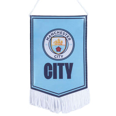 Manchester City FC Mini Pennant LKT Sport Satin look crest design pennantFeaturing a full colour Man City crest with the text CITY underneath on a sky blue backgroundFinished with white tassels and hanging stringIdeal for your car or windowOfficial licens