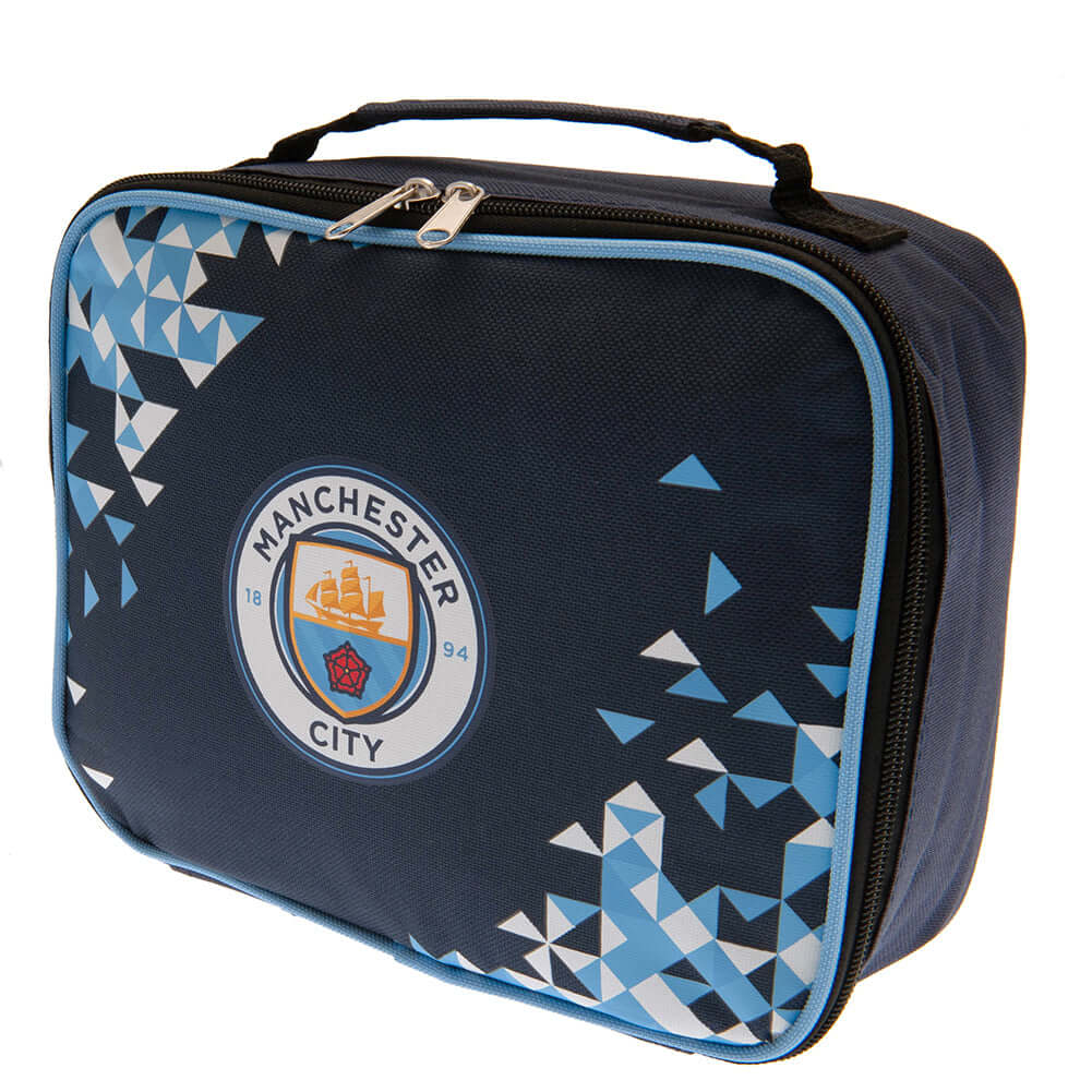 Manchester City FC Particle Lunch Bag LKT Sport Particle design lunch bag featuring a full colour club crestDouble zipped opening for easy accessWith carry handle and name tagWipe clean polyesterOfficial licensed productApprox 24cm x 20cm x 8cm Lunch Bags
