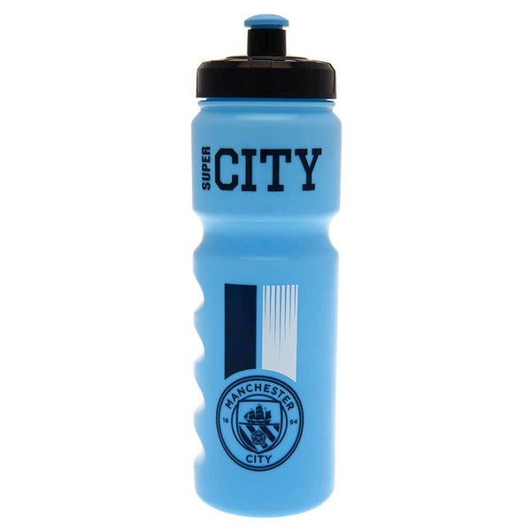 Manchester City FC Plastic Drinks Bottle LKT Sport Easy grip lightweight drinks bottleSky blue stripe design bottle with the City crest in navyFeatures 'Super City' text in navyWith a screw top lid and push-pull drinking spoutOfficial licensed productAppr