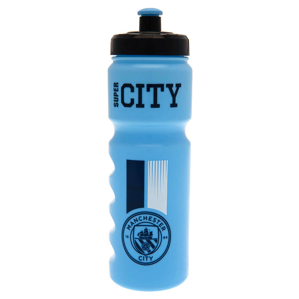 Manchester City FC Plastic Drinks Bottle LKT Sport Easy grip lightweight drinks bottleSky blue stripe design bottle with the City crest in navyFeatures 'Super City' text in navyWith a screw top lid and push-pull drinking spoutOfficial licensed productAppr