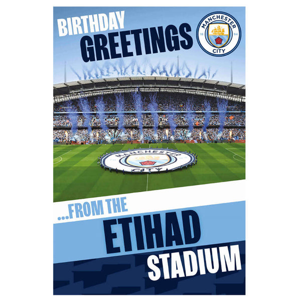 Manchester City FC Pop-Up Birthday Card LKT Sport Club colours gloss finish birthday card with stadium graphicFeatures a street plan and 3D pop-up stadium insideOfficial licensed productApprox 22cm x 15cm Greeting Cards