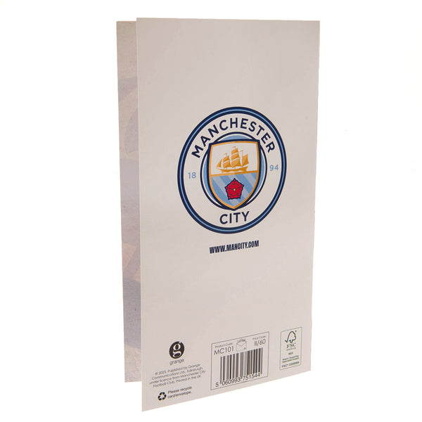 Manchester City FC Retro Shirt Birthday Card LKT Sport Vibrant blue gloss finish birthday cardFeaturing a large retro style Man City shirt on the frontMessage inside reads 'Hope you have a great day!'Official licensed productApprox 22cm x 12cm Greeting Ca