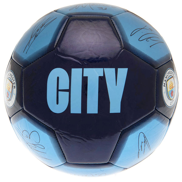 Manchester City FC Sig 26 Football LKT Sport High spec 26 panel synthetic footballStriking blue and navy colour featuring the City crest and official player signature printsSuitable for 14 yrs and olderOfficial licensed productSize 5 footballApprox 69cm i
