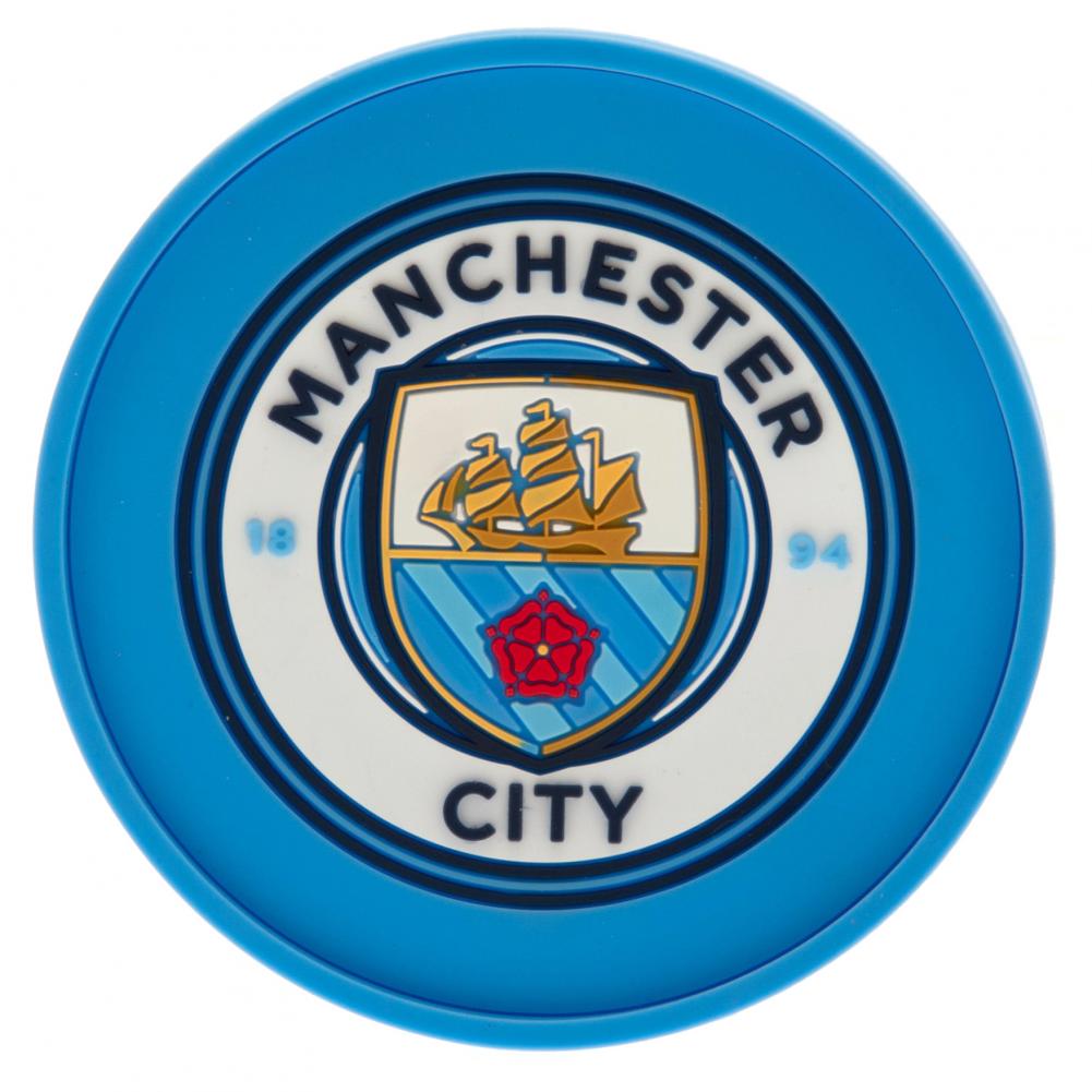 Manchester City FC Silicone Coaster LKT Sport Raised border rubber coaster featuring a vibrant stamped crest Made from flexible non slip silicone Wipe clean finish Official licensed product Approx 9cm in diameter On a header card Coasters