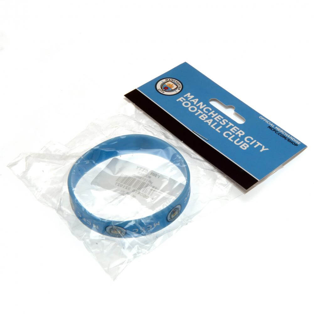 Manchester City FC Silicone Wristband LKT Sport Sky blue silicone rubber wristbandFeatures MCFC text and full colour club crestOne size fits allOfficial licensed productApprox 7cm in diameter Wristbands