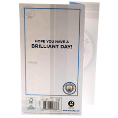 Manchester City FC Sky Blues Birthday Card LKT Sport Colourful gloss finish fold out birthday cardFeaturing a large cut out Man City crest designMessage inside reads 'Hope You Have a Brilliant Day'Official licensed productApprox 22cm x 12cm Greeting Cards