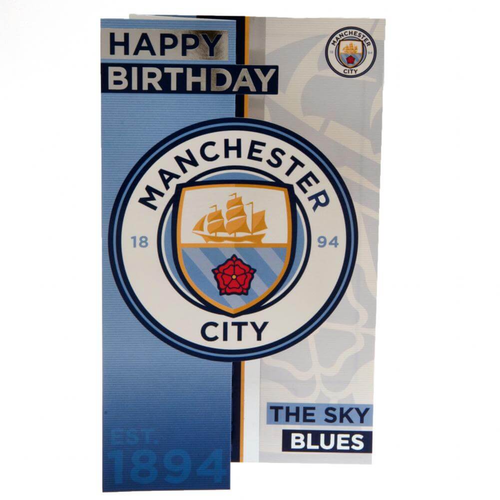 Manchester City FC Sky Blues Birthday Card LKT Sport Colourful gloss finish fold out birthday cardFeaturing a large cut out Man City crest designMessage inside reads 'Hope You Have a Brilliant Day'Official licensed productApprox 22cm x 12cm Greeting Cards
