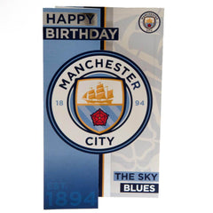 Manchester City FC Sky Blues Birthday Card LKT Sport Colourful gloss finish fold out birthday cardFeaturing a large cut out Man City crest designMessage inside reads 'Hope You Have a Brilliant Day'Official licensed productApprox 22cm x 12cm Greeting Cards