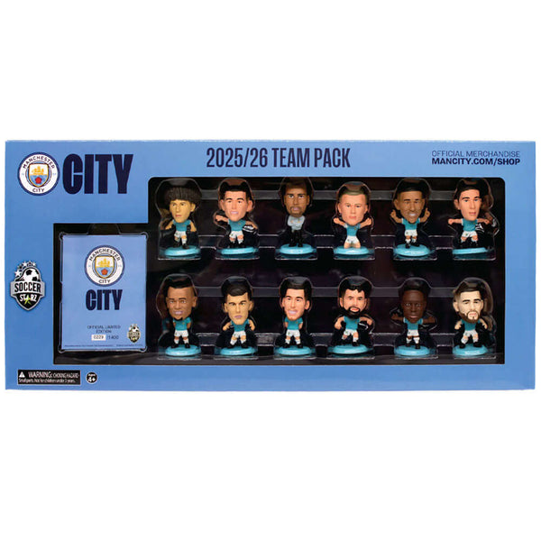 Manchester City FC SoccerStarz Season 25-26 Team Pack LKT Sport Collectors team pack featuring the following players from the 2025-26 seasonLewis, Foden, Guardiola, Haaland, Savinho, Stones, AkanjiRodri, Dias, Gvardiol, Doku, and Kovačićeach figure stands