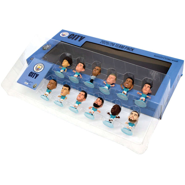 Manchester City FC SoccerStarz Season 25-26 Team Pack LKT Sport Collectors team pack featuring the following players from the 2025-26 seasonLewis, Foden, Guardiola, Haaland, Savinho, Stones, AkanjiRodri, Dias, Gvardiol, Doku, and Kovačićeach figure stands