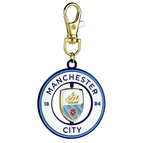 Manchester City FC Spinner Bag Charm LKT Sport Bright, colourful and highly detailed metal bag charmFeaturing a spinning center with the City crestWith a lobster claw claspOfficial licensed productApprox 50mm x 50mm Charms